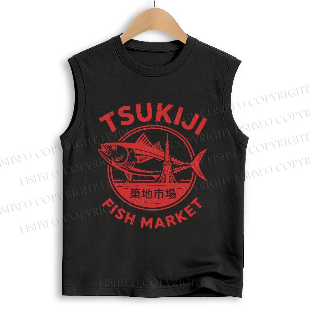Unisex Tsukiji Fish Market Printed Cotton Tank Top