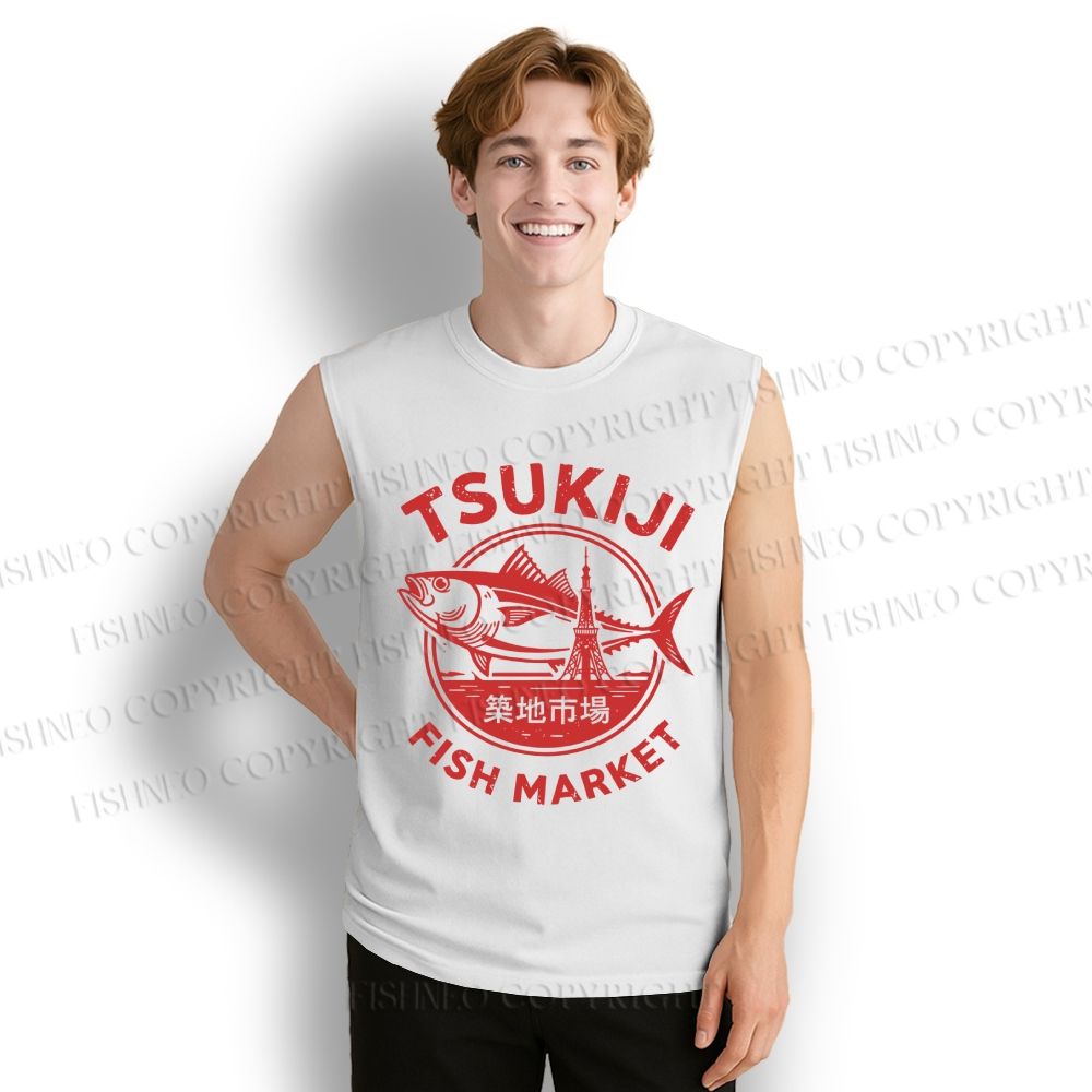 Unisex Tsukiji Fish Market Printed Cotton Tank Top