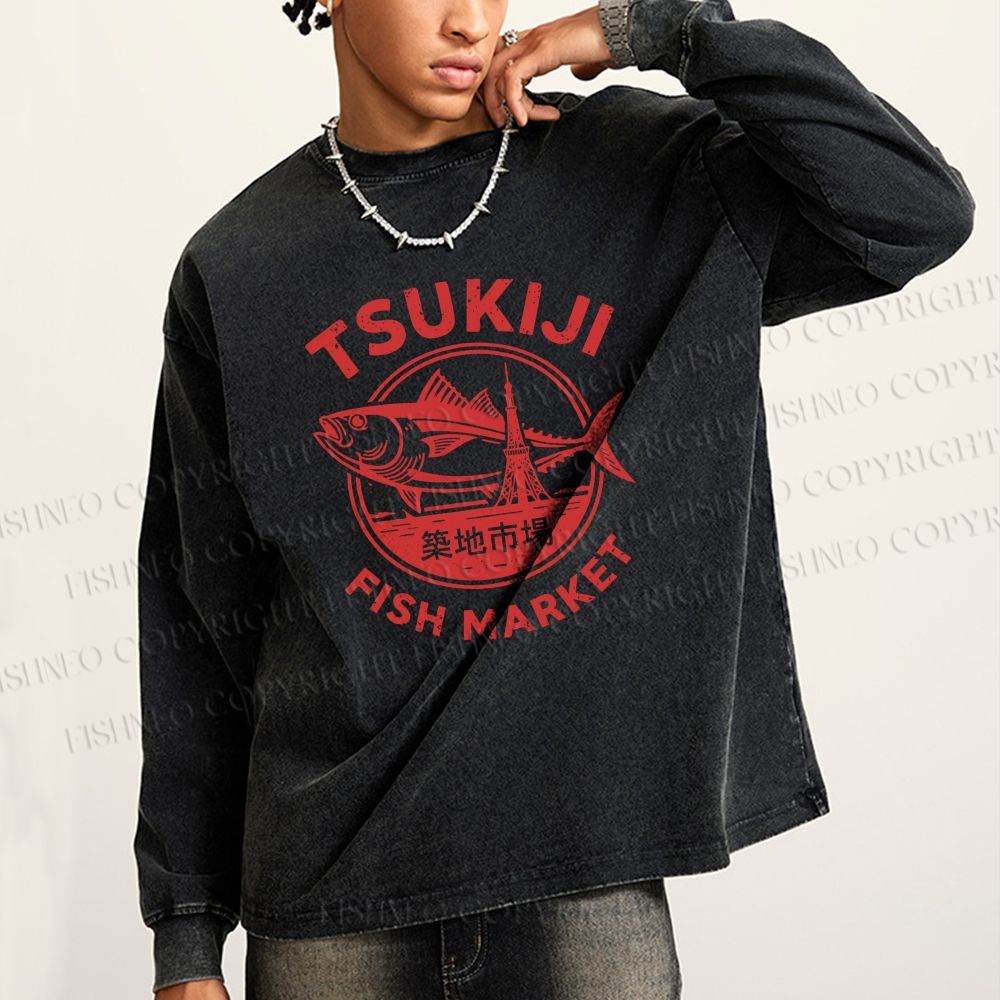 Unisex Casual Washed Tsukiji Fish Market Printed Long Sleeve T-shirt