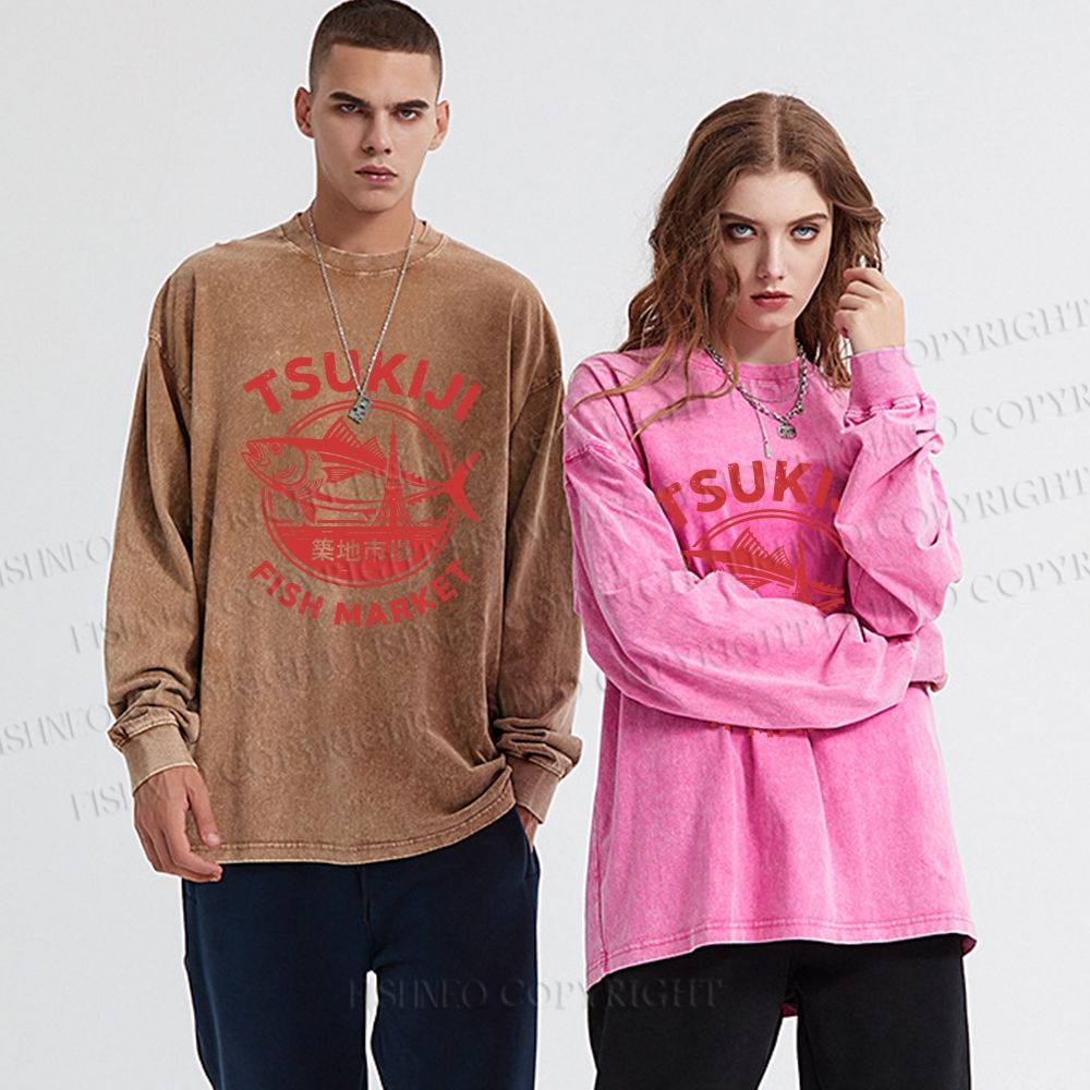 Unisex Casual Washed Tsukiji Fish Market Printed Long Sleeve T-shirt