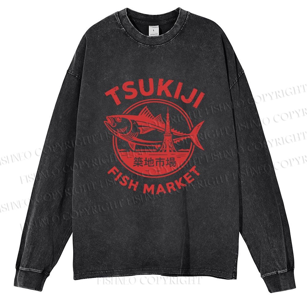 Unisex Casual Washed Tsukiji Fish Market Printed Long Sleeve T-shirt