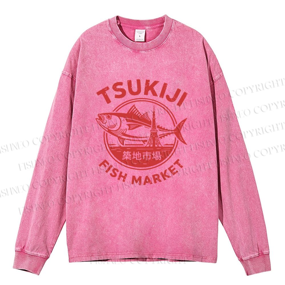 Unisex Casual Washed Tsukiji Fish Market Printed Long Sleeve T-shirt