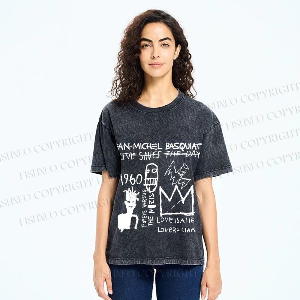 Unisex Jean-Michel Basquiat Graffiti Printed Washed Tee
