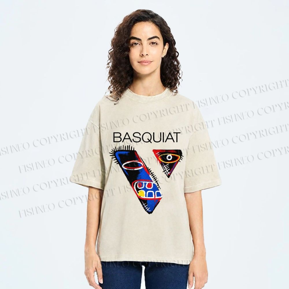 Unisex Jean-Michel Basquiat Face Graffiti Printed Washed Tee