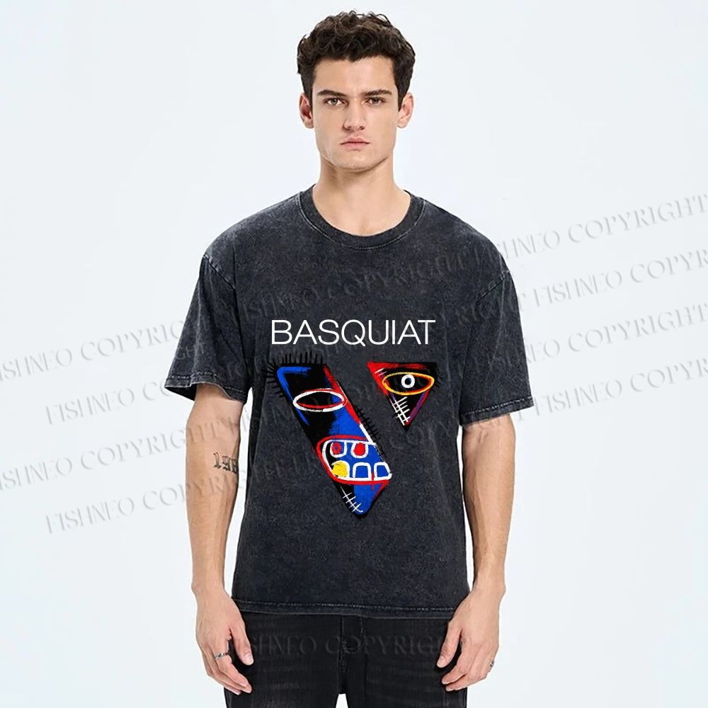 Unisex Jean-Michel Basquiat Face Graffiti Printed Washed Tee