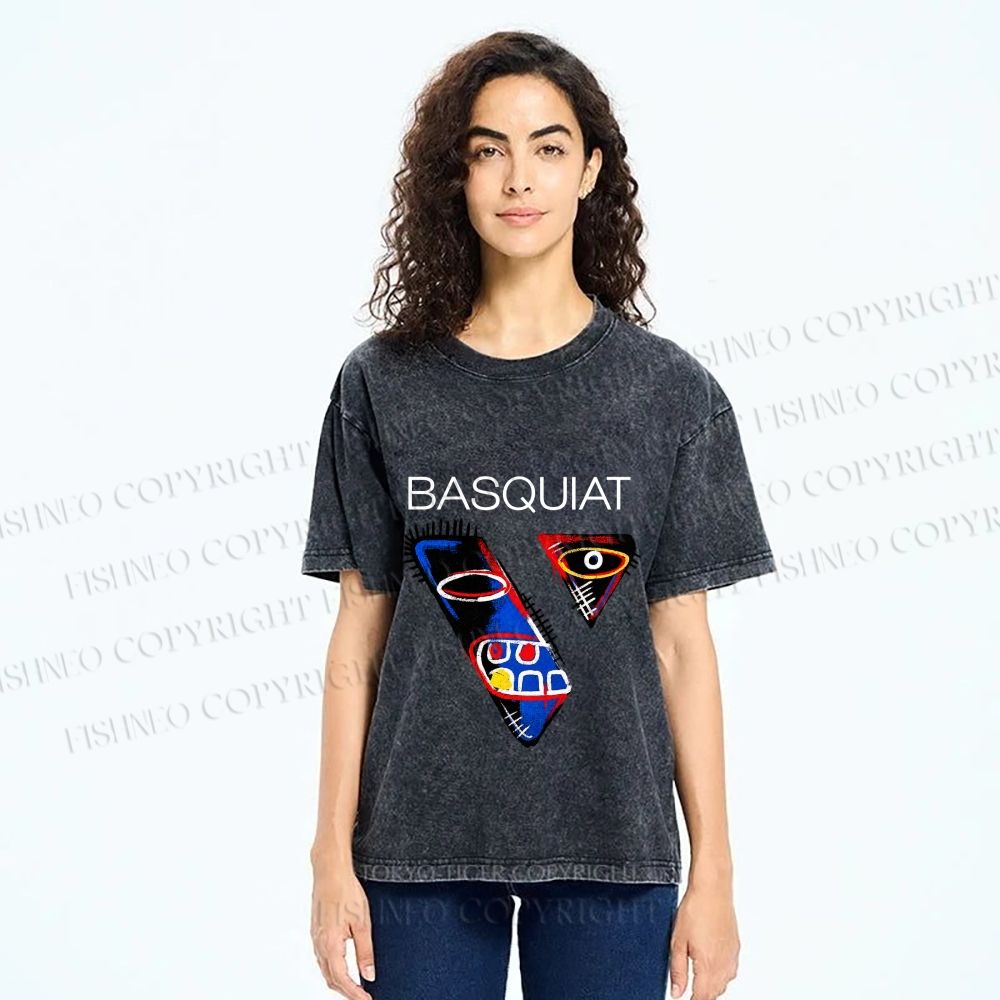 Unisex Jean-Michel Basquiat Face Graffiti Printed Washed Tee
