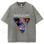 Unisex Jean-Michel Basquiat Face Graffiti Printed Washed Tee