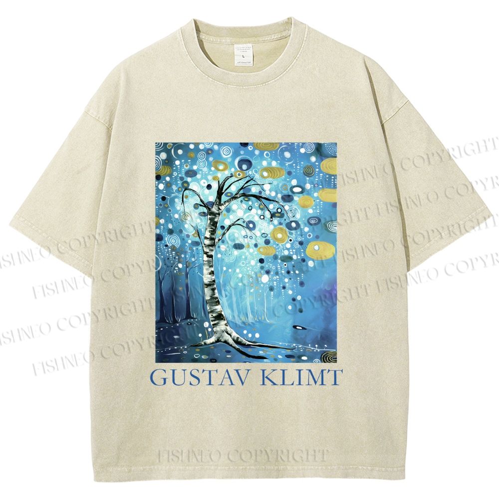 Unisex Klimt Blue Tree Printed Washed Tee