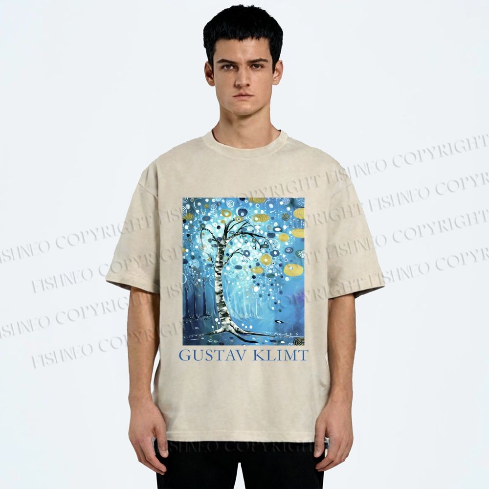 Unisex Klimt Blue Tree Printed Washed Tee