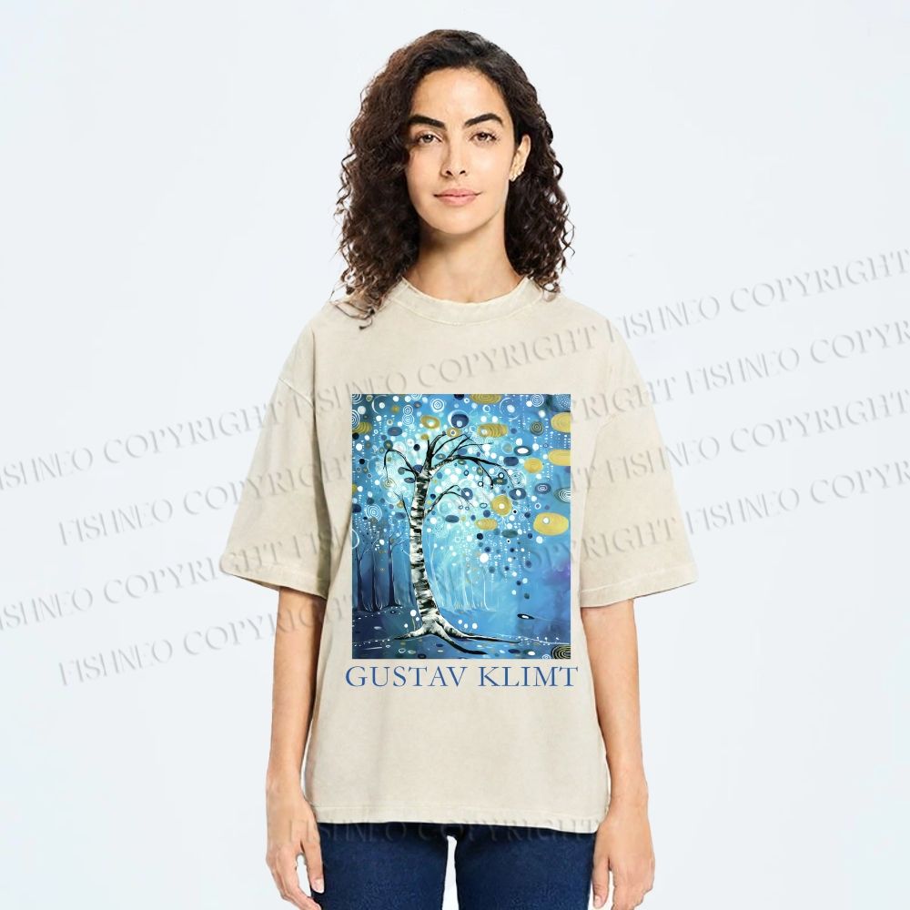 Unisex Klimt Blue Tree Printed Washed Tee