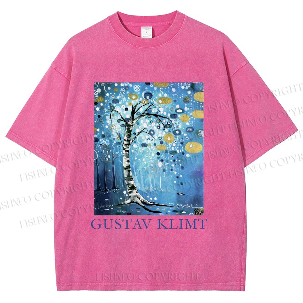 Unisex Klimt Blue Tree Printed Washed Tee