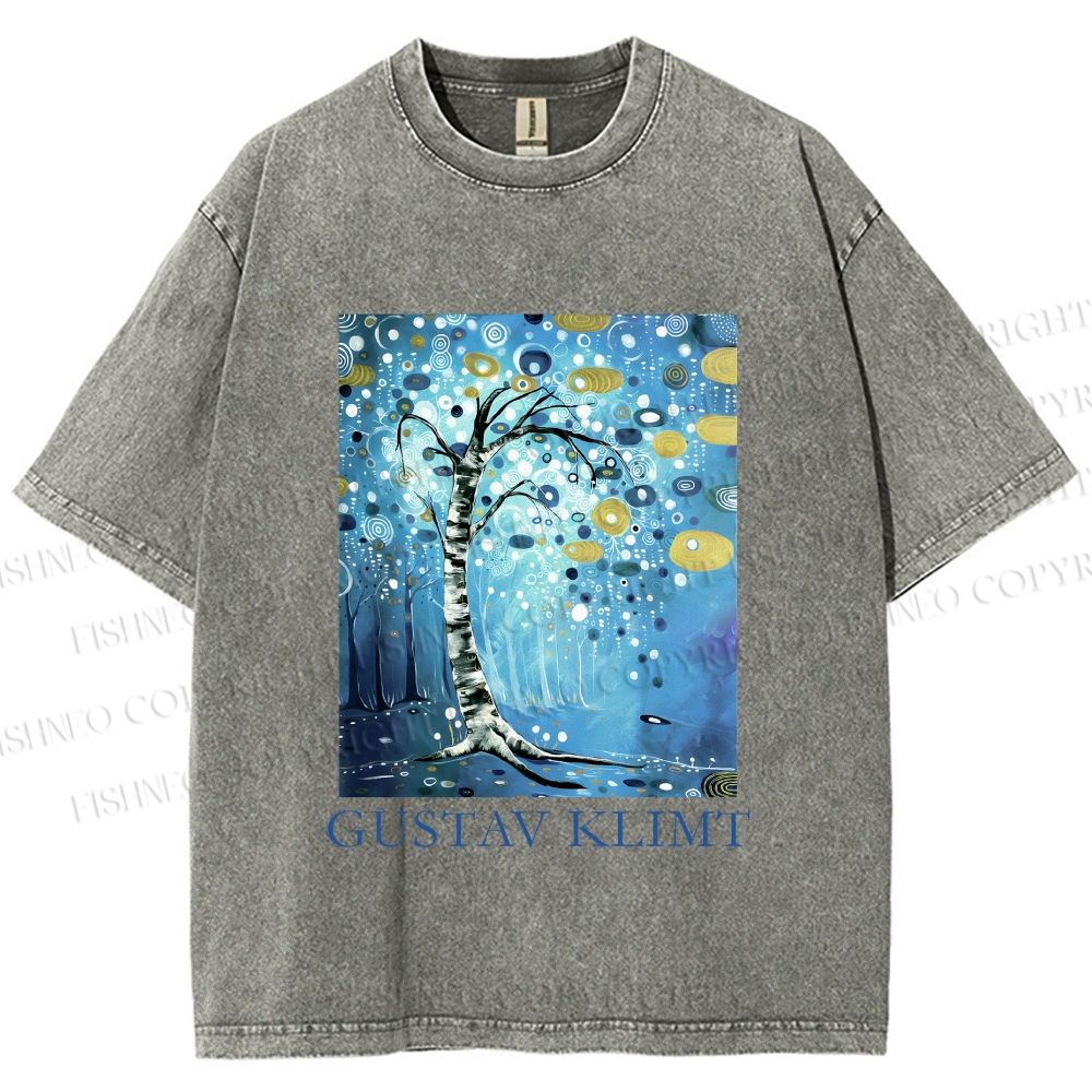 Unisex Klimt Blue Tree Printed Washed Tee