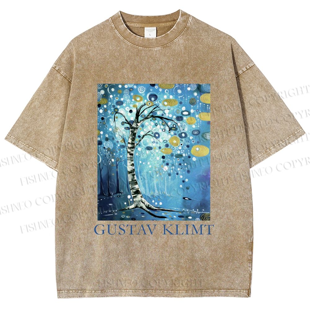 Unisex Klimt Blue Tree Printed Washed Tee