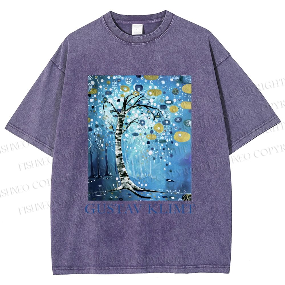 Unisex Klimt Blue Tree Printed Washed Tee