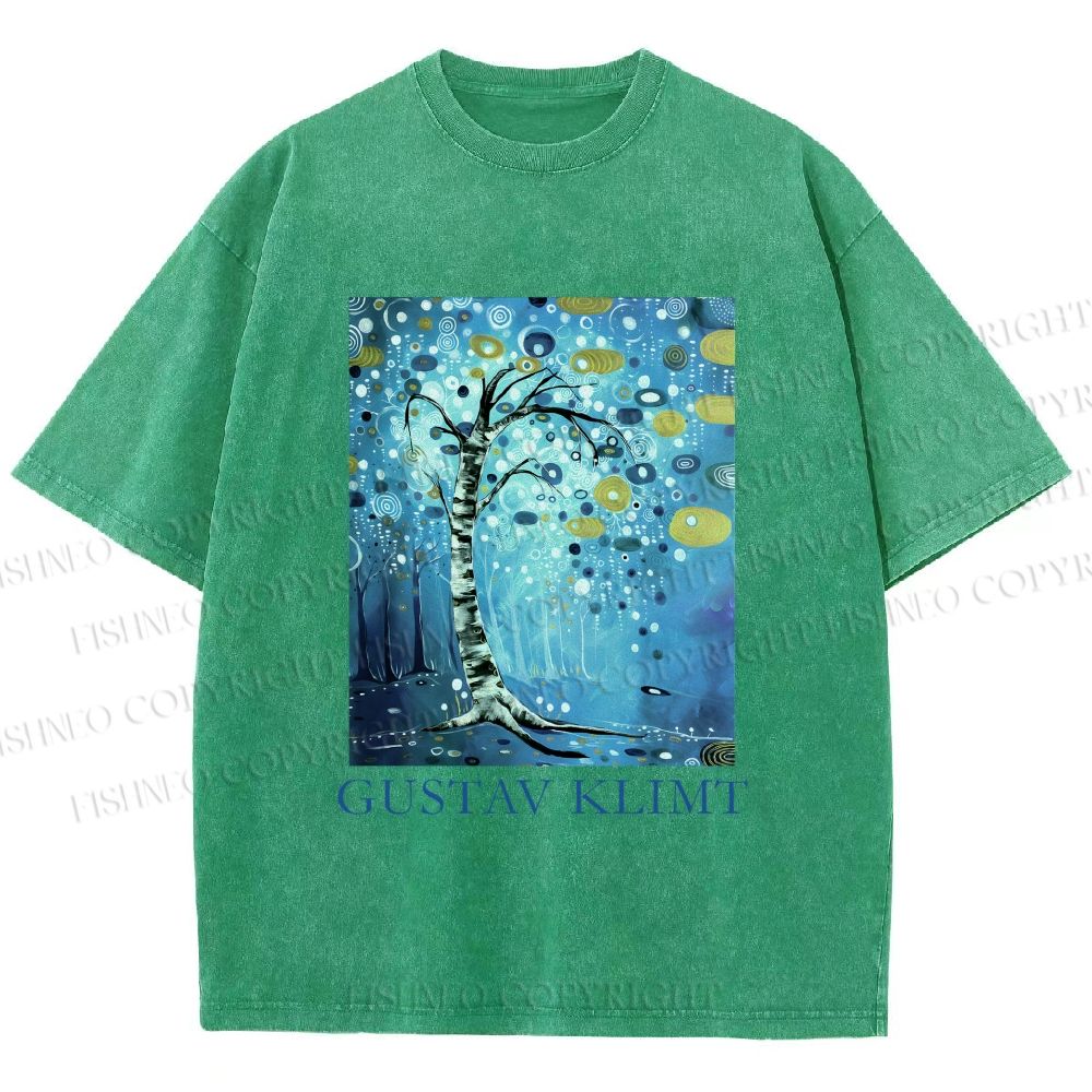 Unisex Klimt Blue Tree Printed Washed Tee