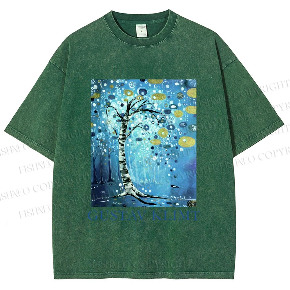 Unisex Klimt Blue Tree Printed Washed Tee