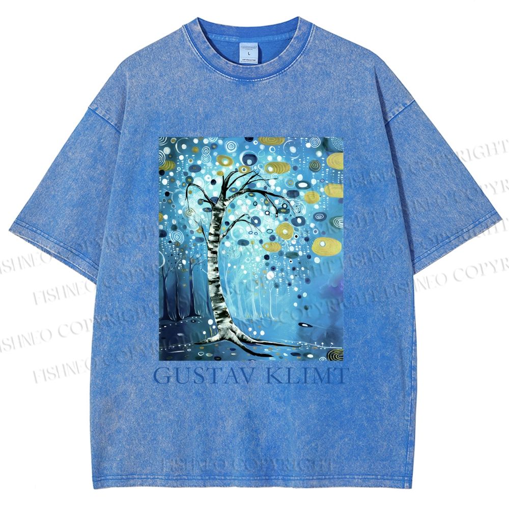 Unisex Klimt Blue Tree Printed Washed Tee