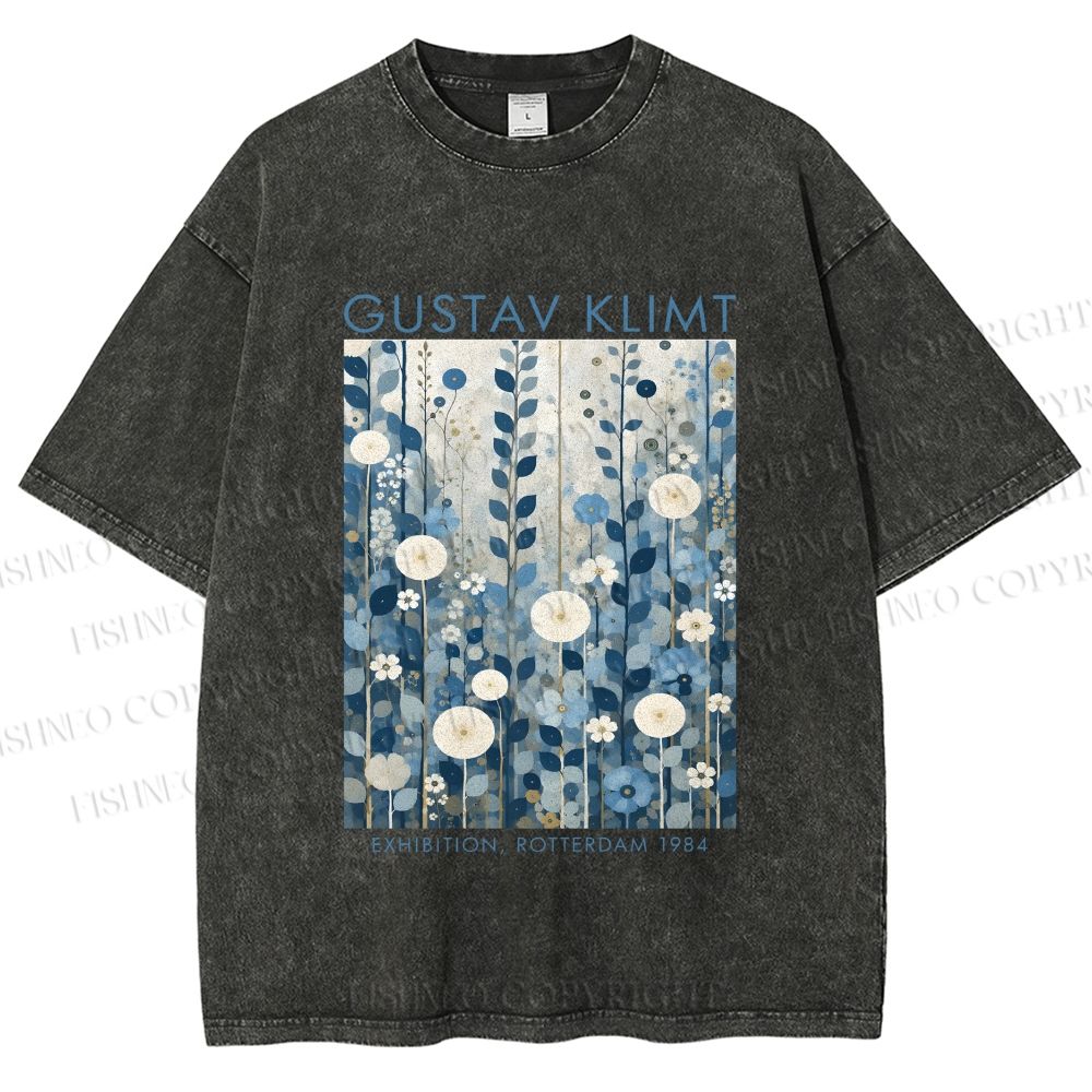 Unisex Klimt Blue Flowers Printed Washed Tee
