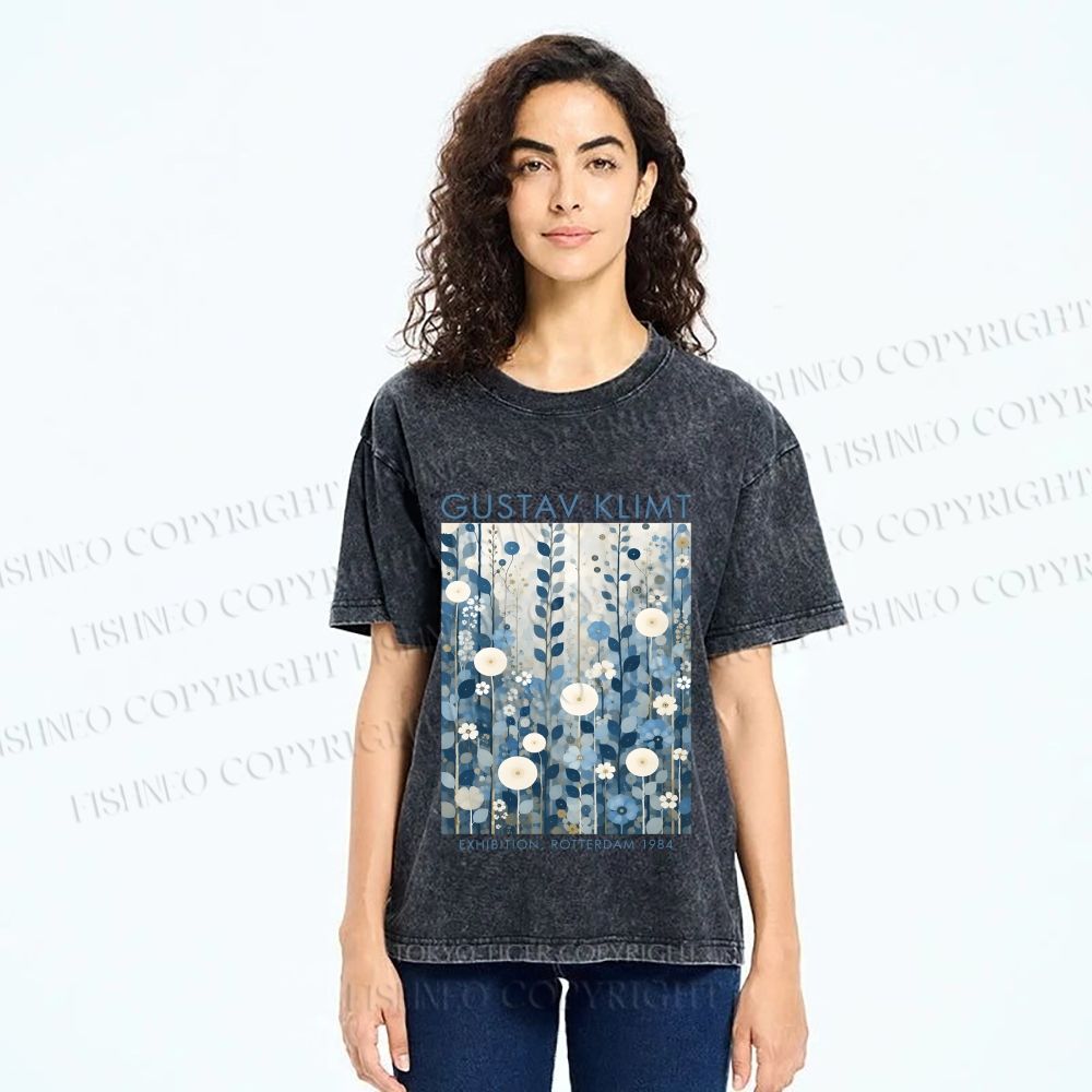 Unisex Klimt Blue Flowers Printed Washed Tee