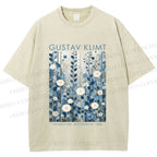 Unisex Klimt Blue Flowers Printed Washed Tee