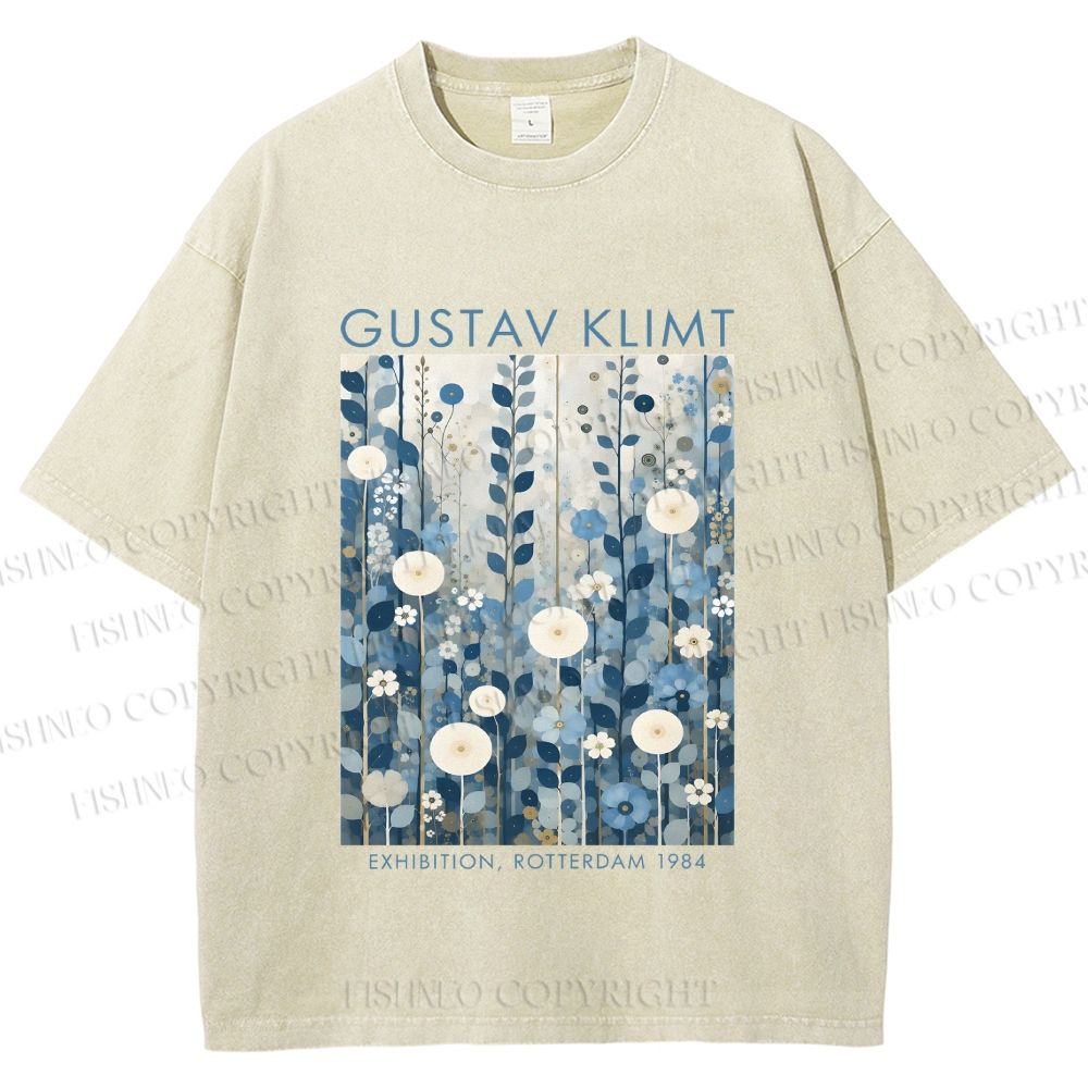 Unisex Klimt Blue Flowers Printed Washed Tee