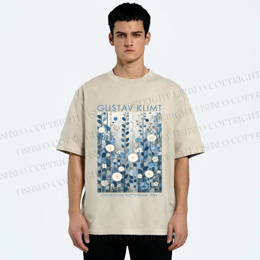 Unisex Klimt Blue Flowers Printed Washed Tee