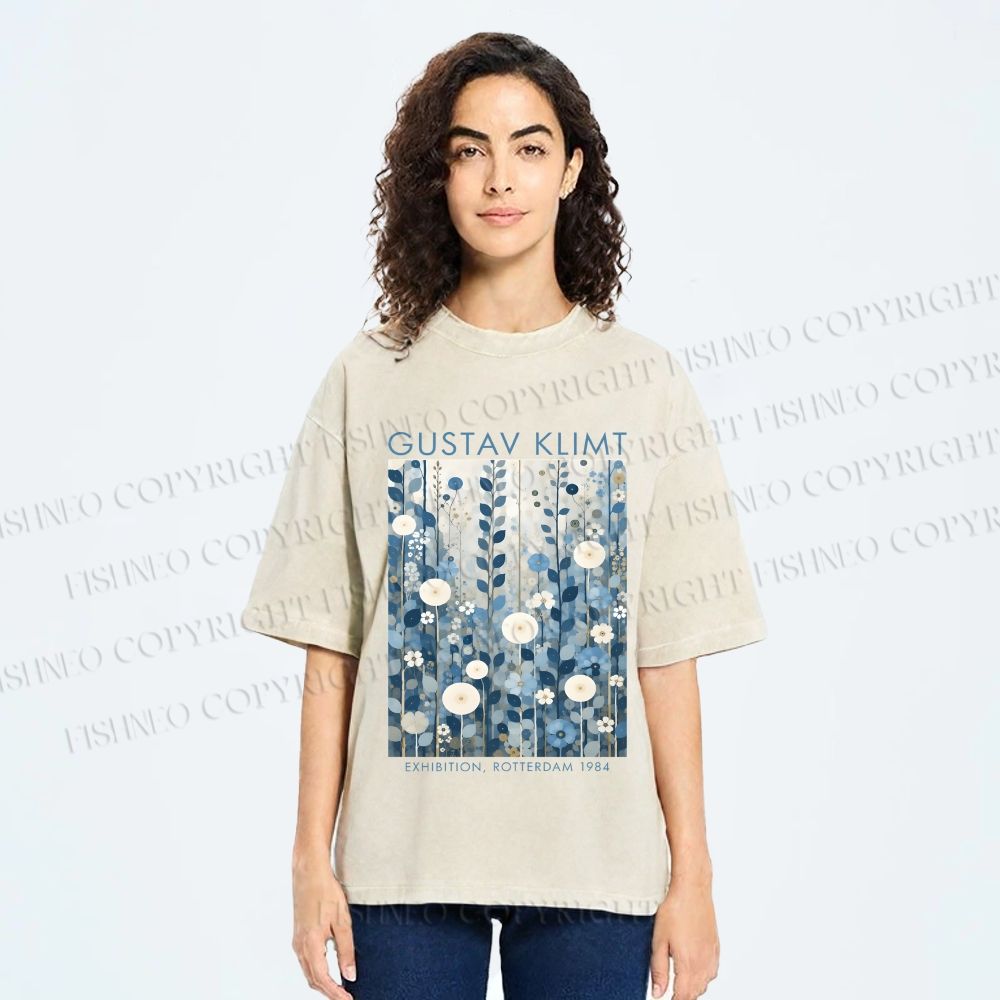 Unisex Klimt Blue Flowers Printed Washed Tee