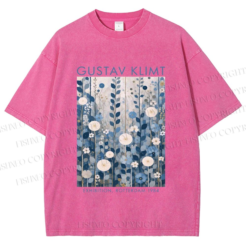 Unisex Klimt Blue Flowers Printed Washed Tee