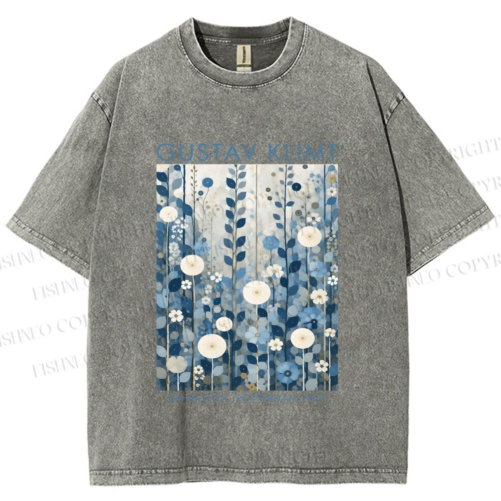 Unisex Klimt Blue Flowers Printed Washed Tee