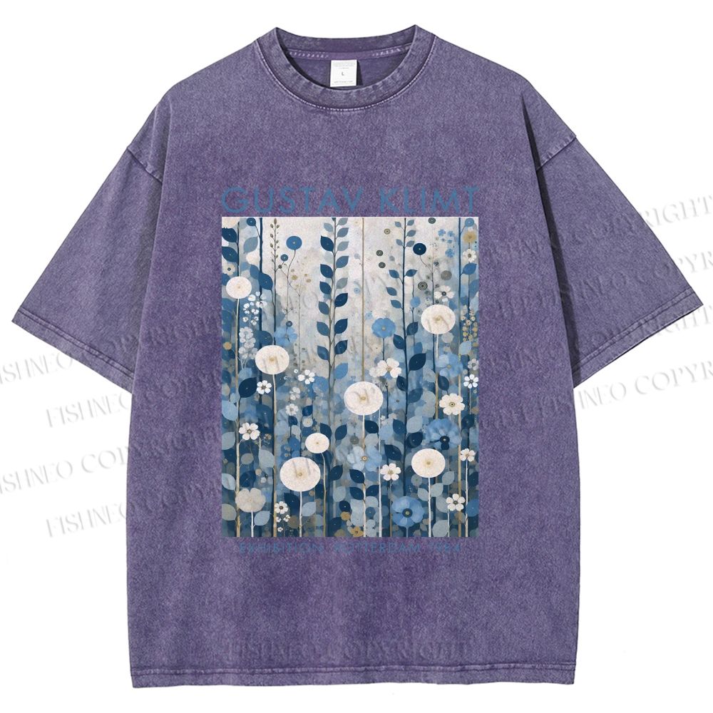 Unisex Klimt Blue Flowers Printed Washed Tee