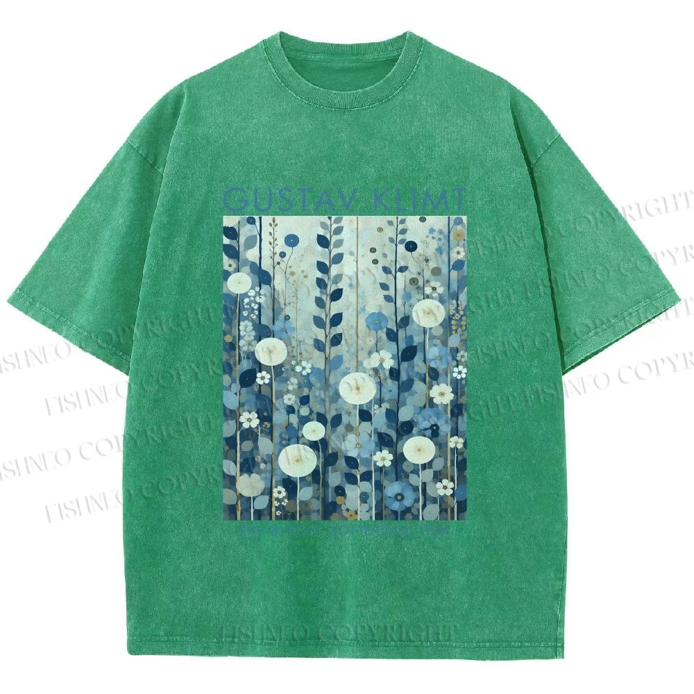 Unisex Klimt Blue Flowers Printed Washed Tee