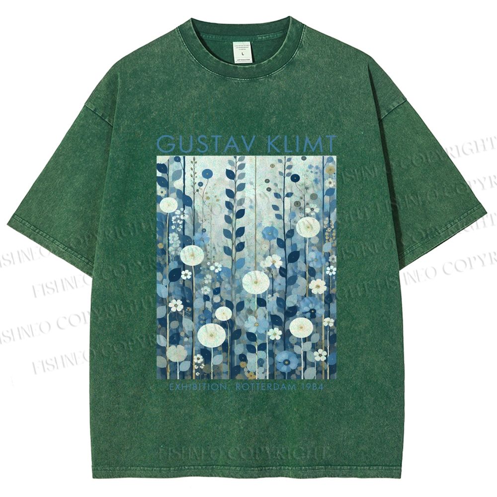 Unisex Klimt Blue Flowers Printed Washed Tee