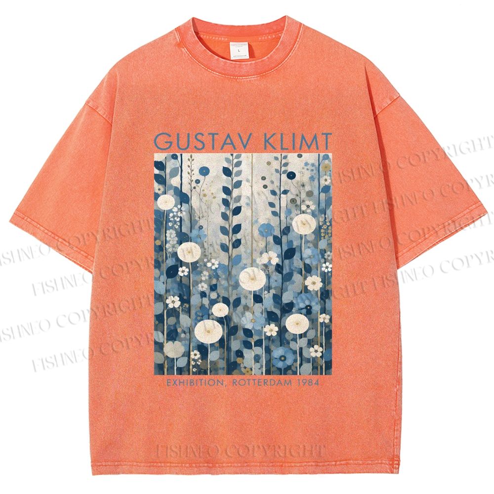 Unisex Klimt Blue Flowers Printed Washed Tee