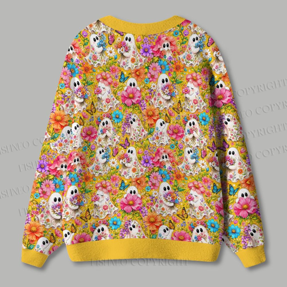 Halloween Floral Ghost Ugly Cardigan Sweater