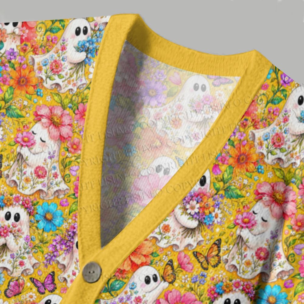 Halloween Floral Ghost Ugly Cardigan Sweater