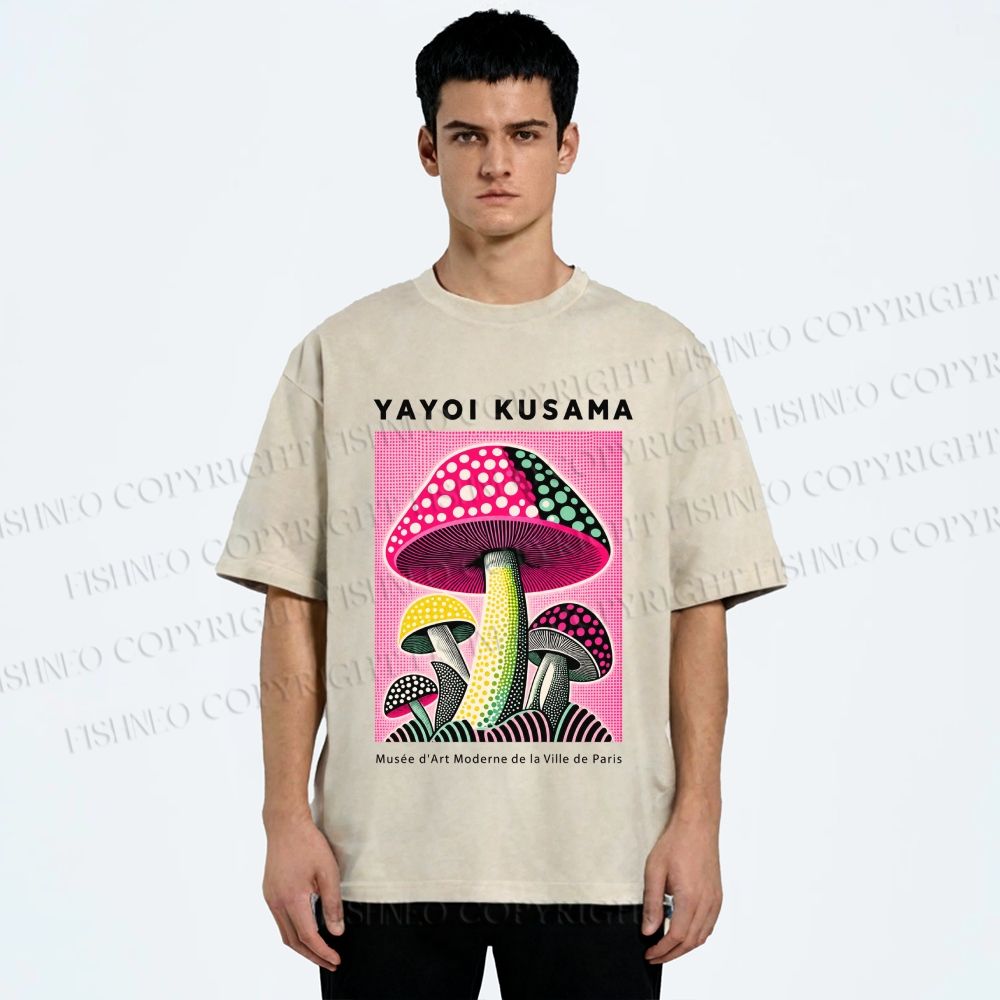Unisex Yayoi Kusama Mushroom Printed Washed Tee