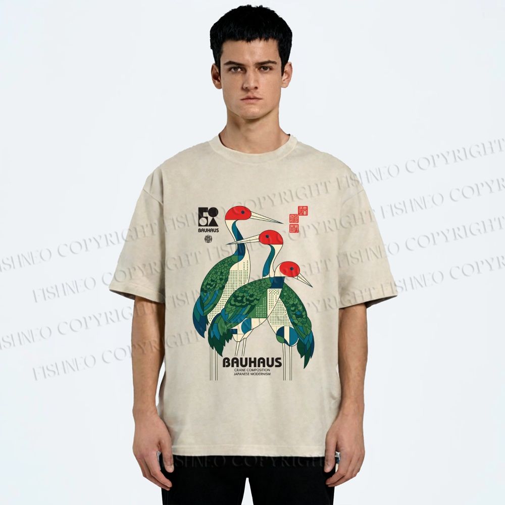 Unisex Bauhaus Japanese Crane Printed Washed Tee