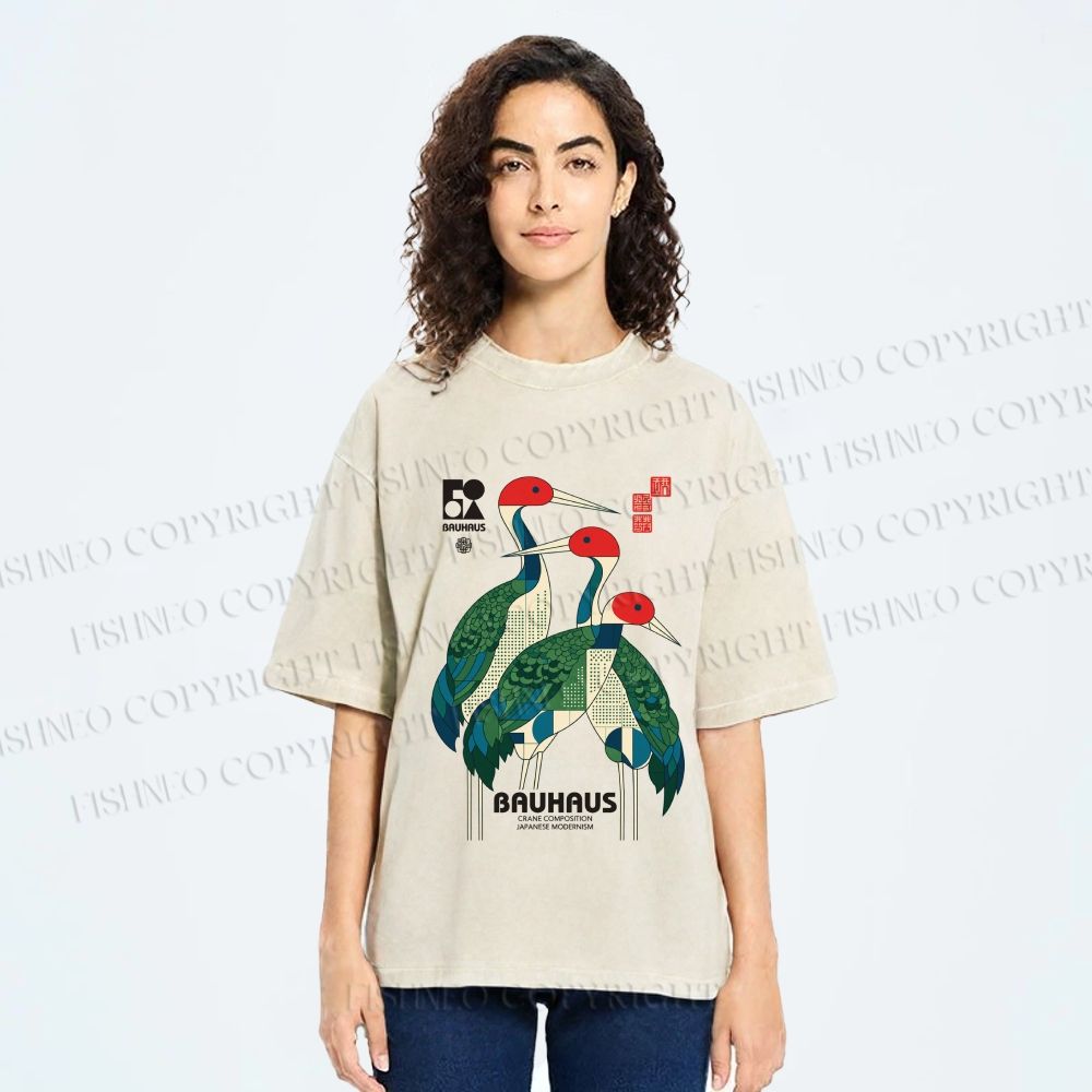 Unisex Bauhaus Japanese Crane Printed Washed Tee