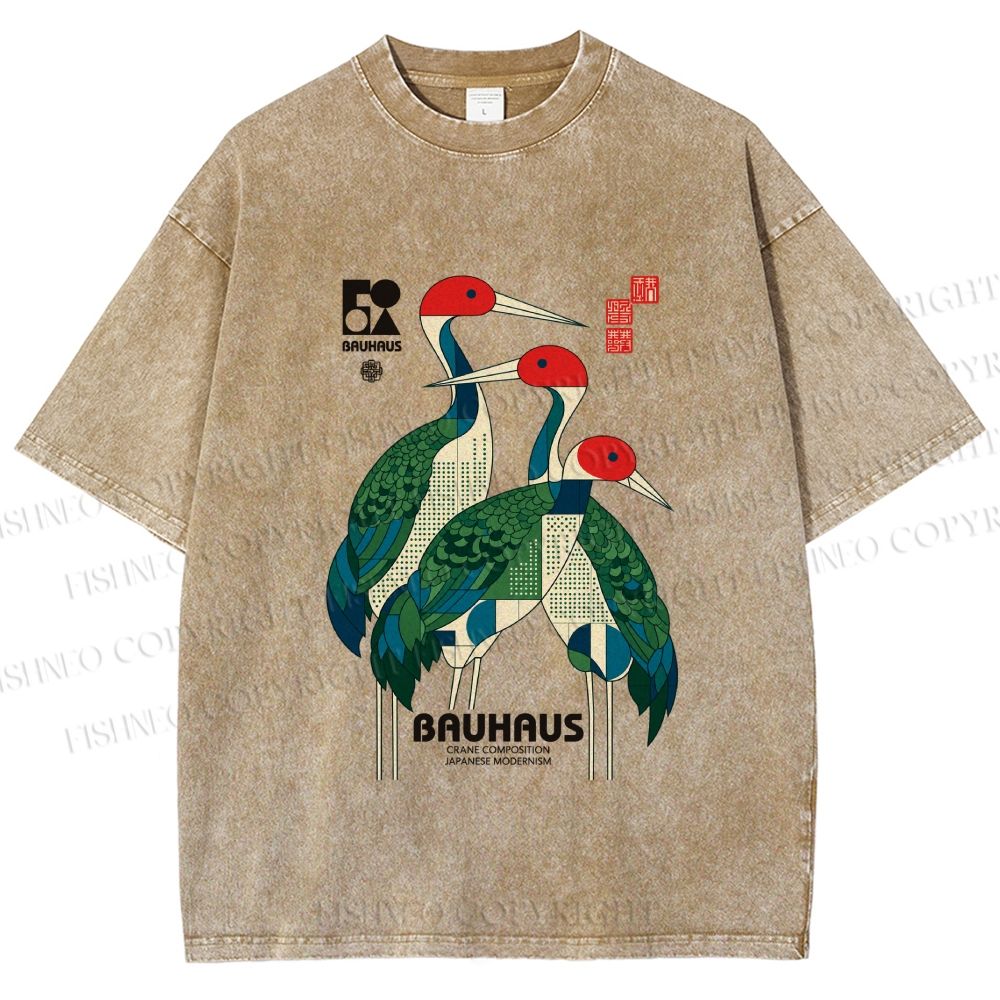 Unisex Bauhaus Japanese Crane Printed Washed Tee