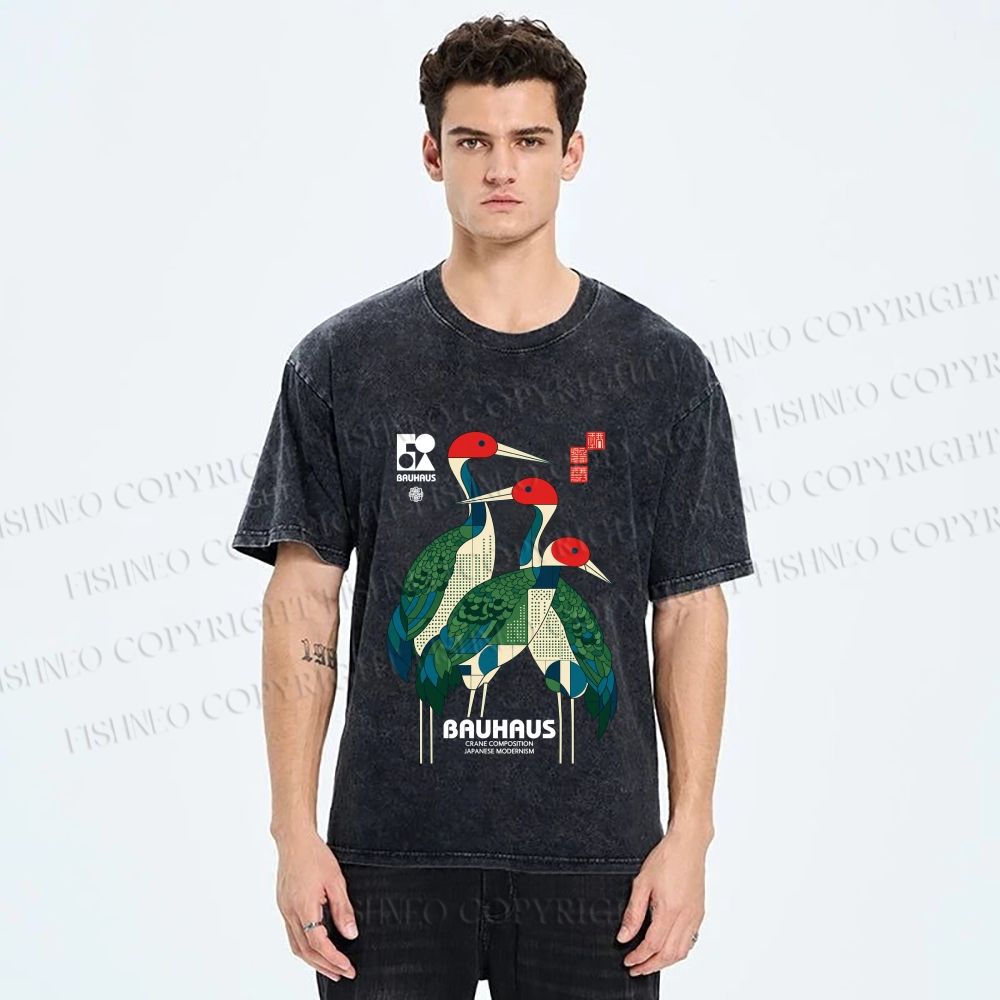 Unisex Bauhaus Japanese Crane Printed Washed Tee
