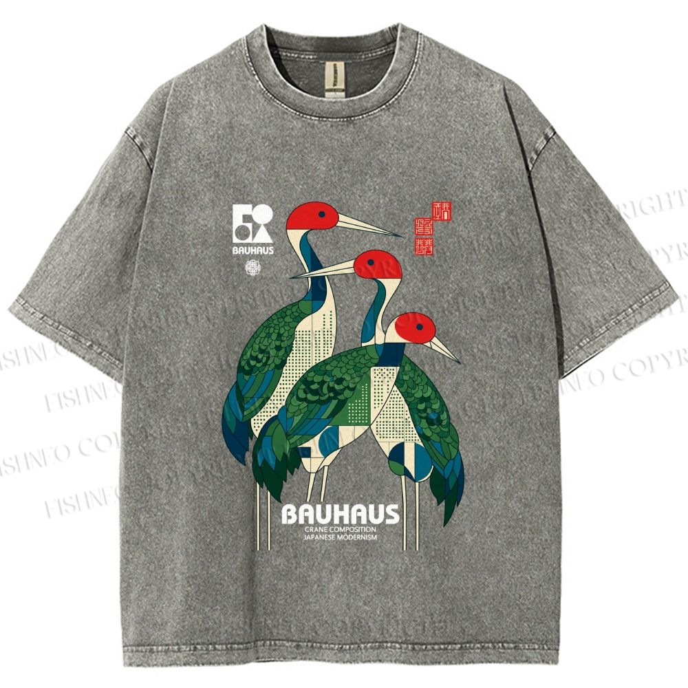 Unisex Bauhaus Japanese Crane Printed Washed Tee