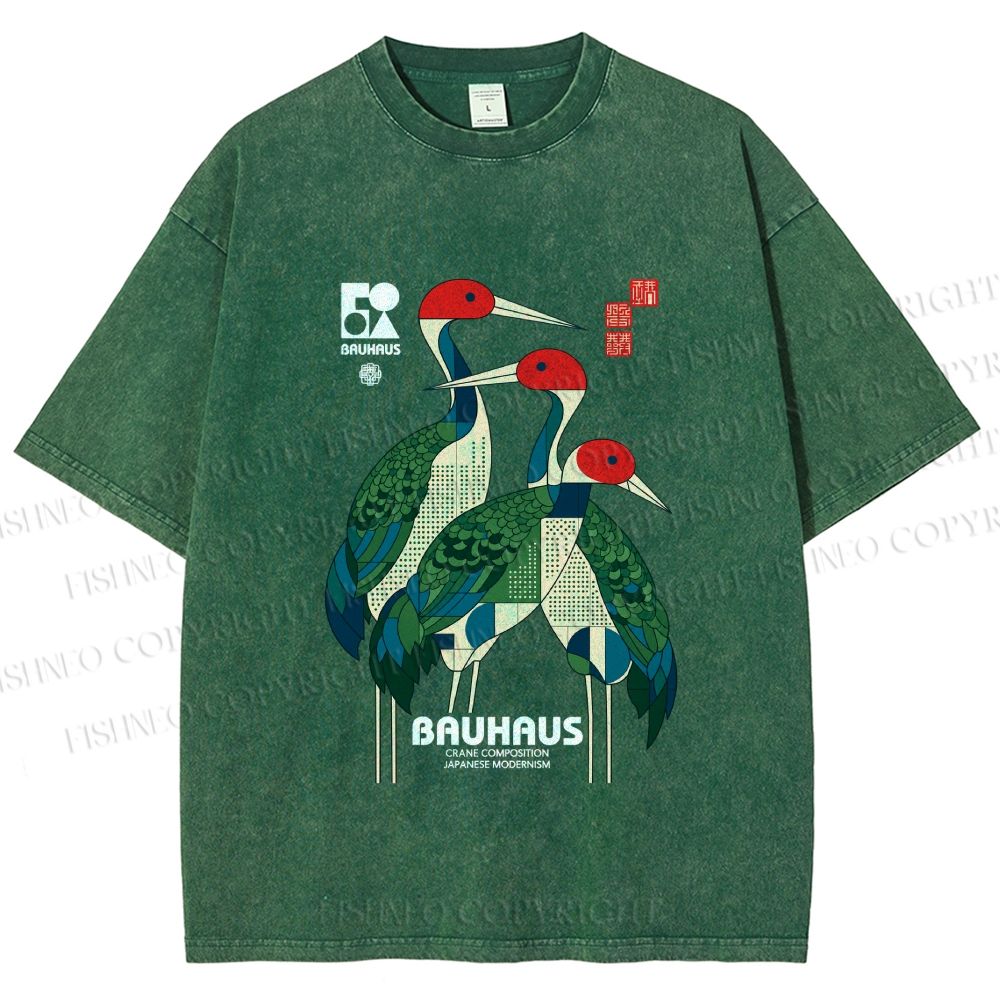Unisex Bauhaus Japanese Crane Printed Washed Tee