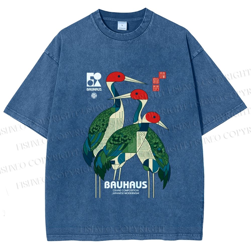 Unisex Bauhaus Japanese Crane Printed Washed Tee
