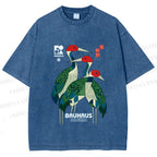 Unisex Bauhaus Japanese Crane Printed Washed Tee