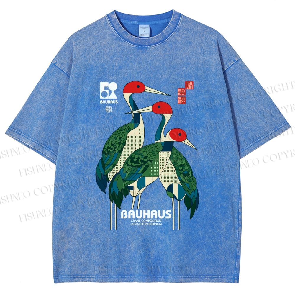 Unisex Bauhaus Japanese Crane Printed Washed Tee