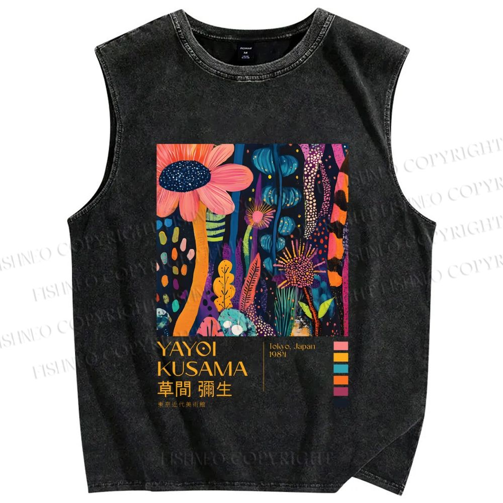 Unisex Yayoi Kusama Flowers Printed Washed Tank Top