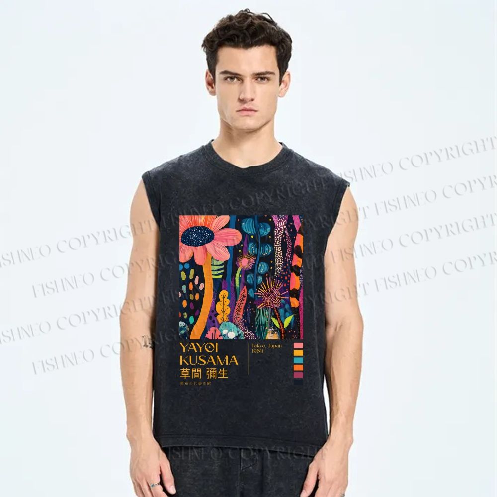 Unisex Yayoi Kusama Flowers Printed Washed Tank Top
