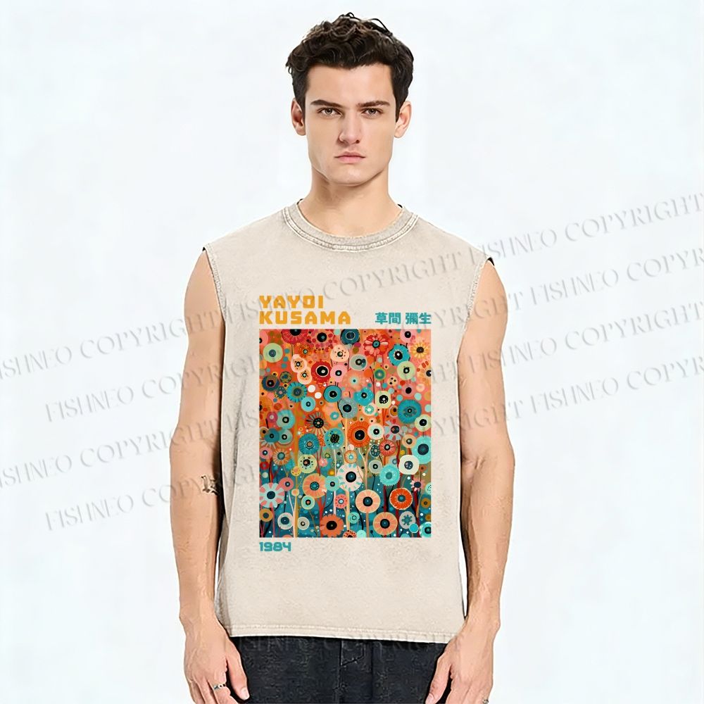 Unisex Yayoi Kusama Small Flowers Printed Washed Tank Top