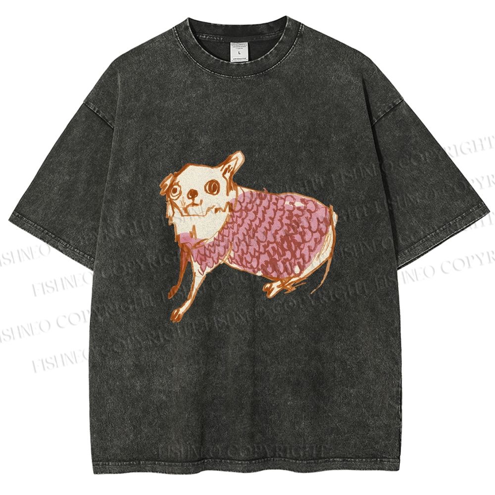 Unisex Sloppy hand-drawn Chihuahua Printed Washed Tee