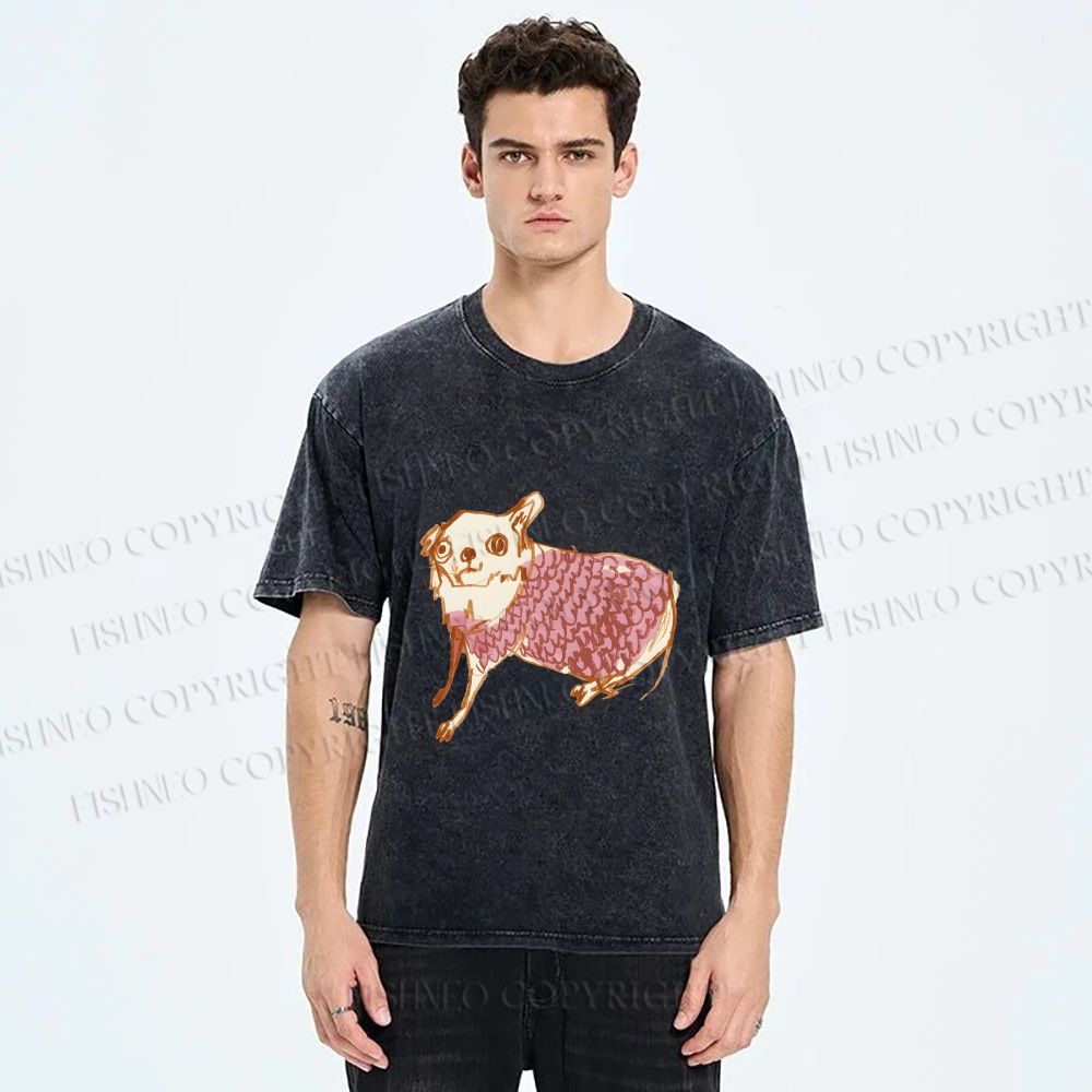 Unisex Sloppy hand-drawn Chihuahua Printed Washed Tee